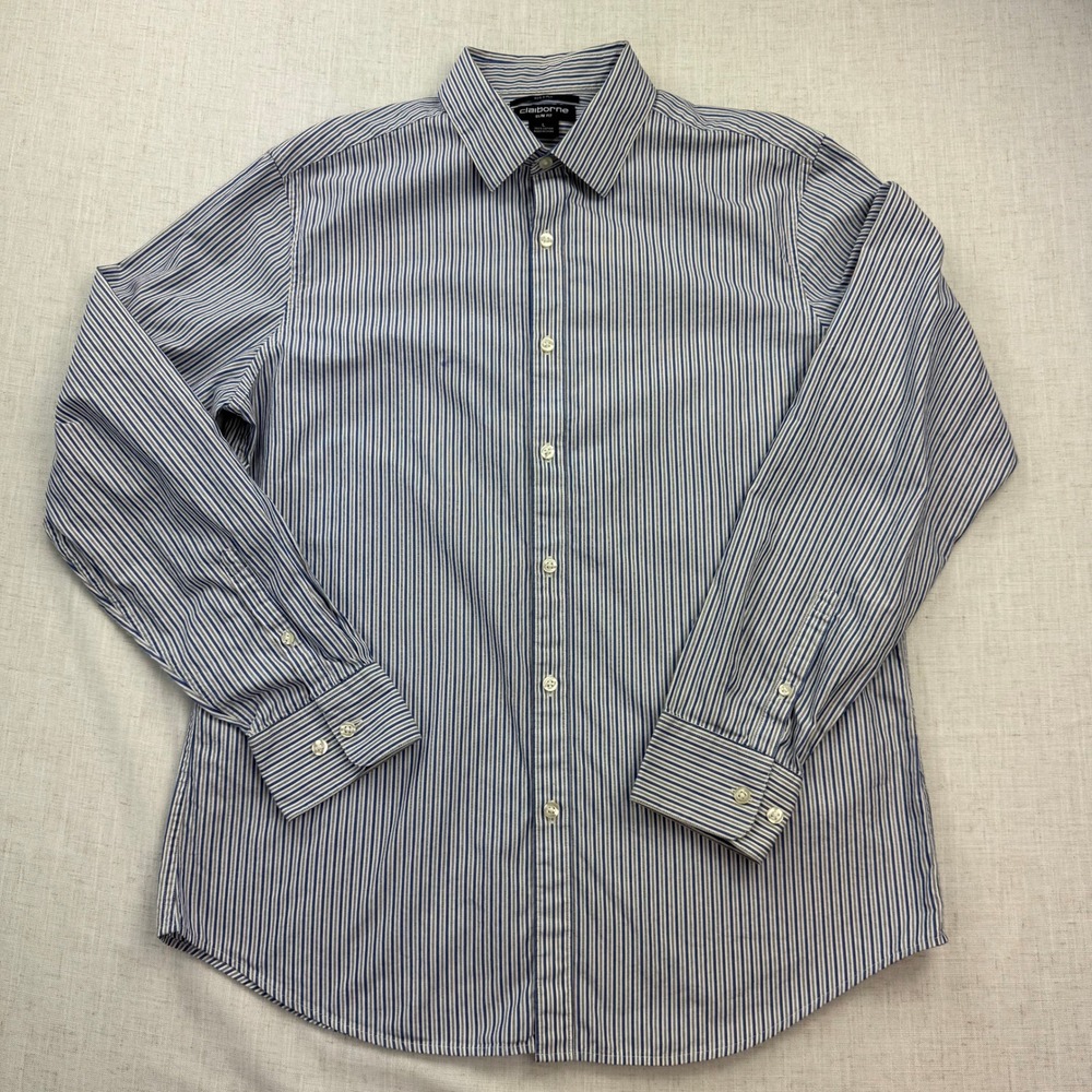 Claiborne Mens Slim Fit Striped Button Down Shirt Blue White 100% Cotton Large